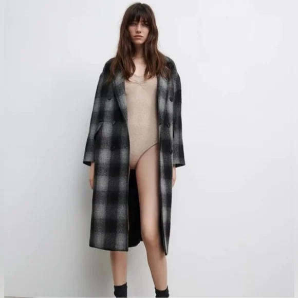 Zara - 100% Wool - Plaid Long Coat in Black and Gray - NWT!